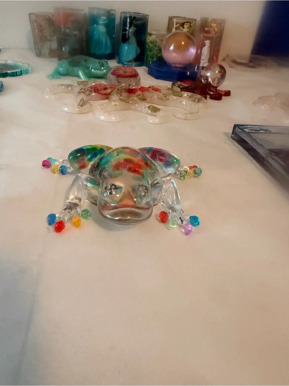 Handblown resin Frog Paperweight with Multicolor Dots